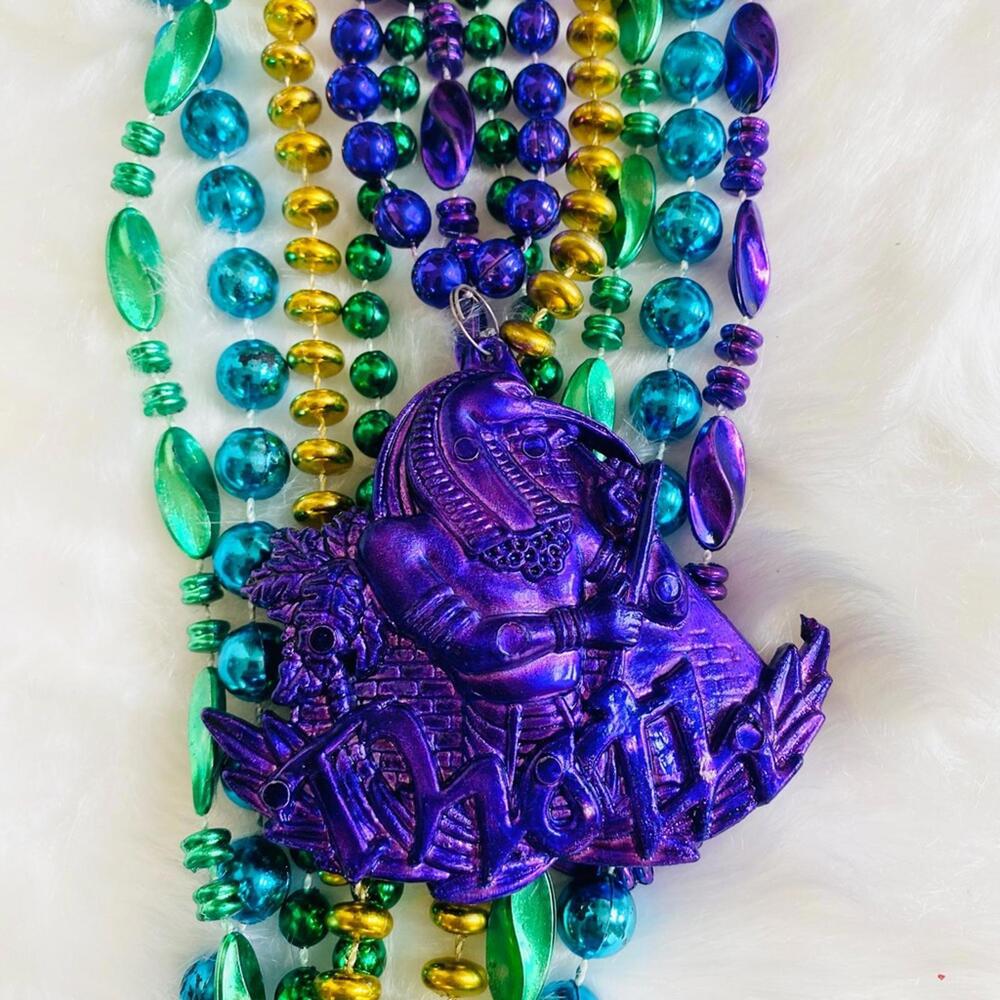 Colorful Mardi Gras Beaded Necklace with Purple Horse Pendant
